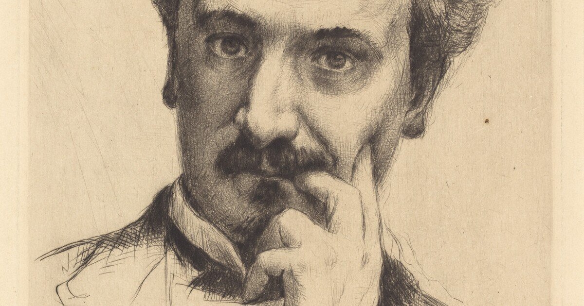 Marcellin-Gilbert Desboutin’s 1880 drypoint portrait of Henri Rochefort, shown facing forward with one hand at his chin