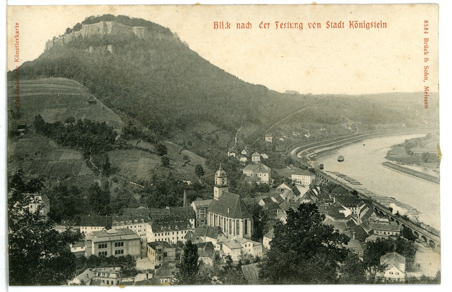Historical view from Königstein town toward the fortress