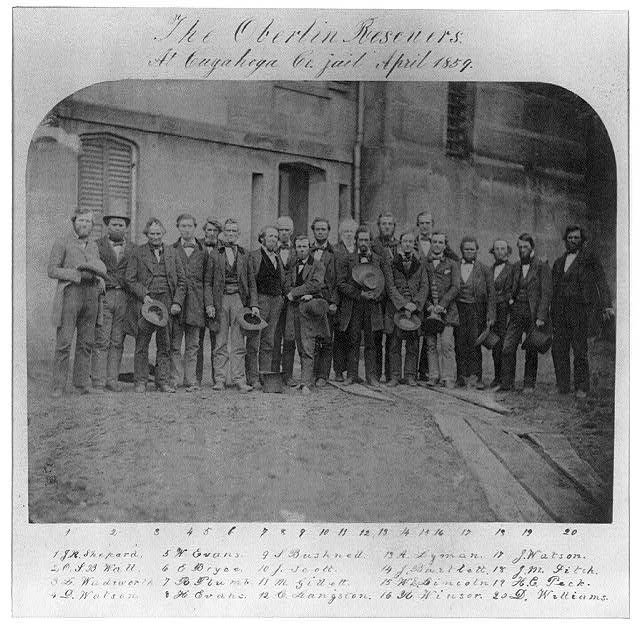 Twenty Oberlin rescuers outside the Cuyahoga County Jail in 1859.