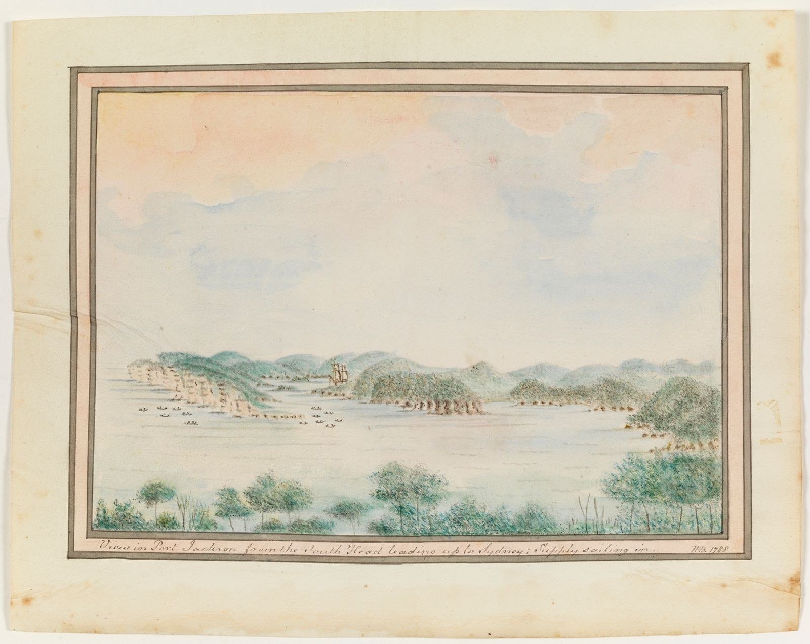 William Bradley watercolor showing the entrance to Port Jackson from South Head and HMS Supply sailing toward Sydney in the early colonial period.