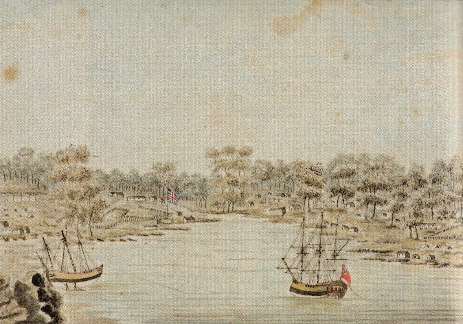 William Bradley watercolor of Sydney Cove at Port Jackson in 1788, showing the early colonial settlement and harbor.
