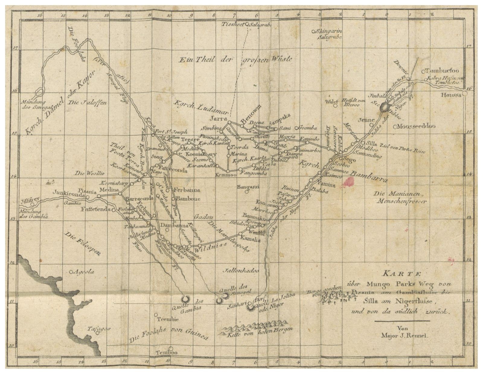 Map showing Mungo Park's route from the Gambia toward the Niger