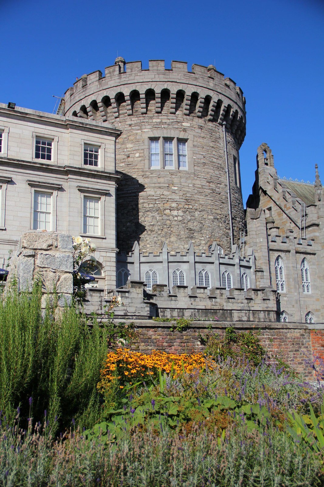 Dublin Castle’s round medieval Record Tower viewed from the Dubhlinn Gardens.
