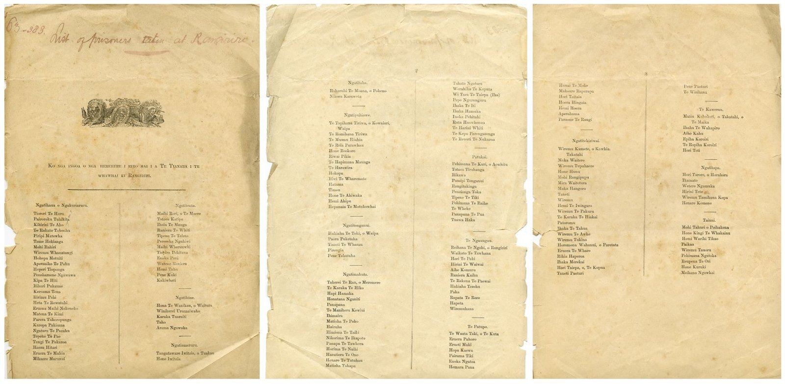 Printed list of 178 Māori prisoners taken at Rangiriri
