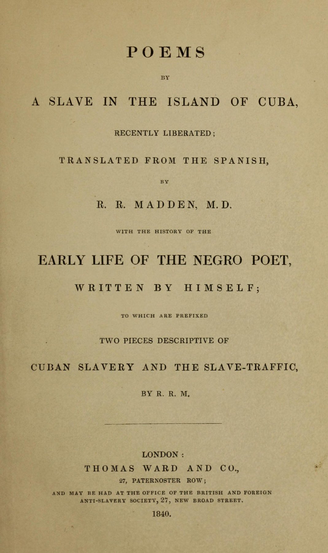 Title page / opening matter of Poems by a Slave in the Island of Cuba, Recently Liberated