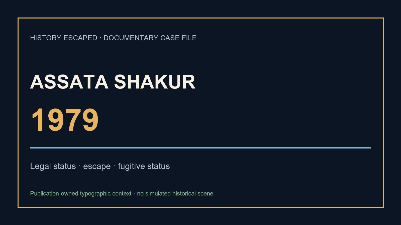 Timeline showing Assata Shakur's 1977 conviction, 2 November 1979 prison escape, underground years, 1984 appearance in Cuba under political asylum, 2013 FBI designation, and death in Havana in 2025.