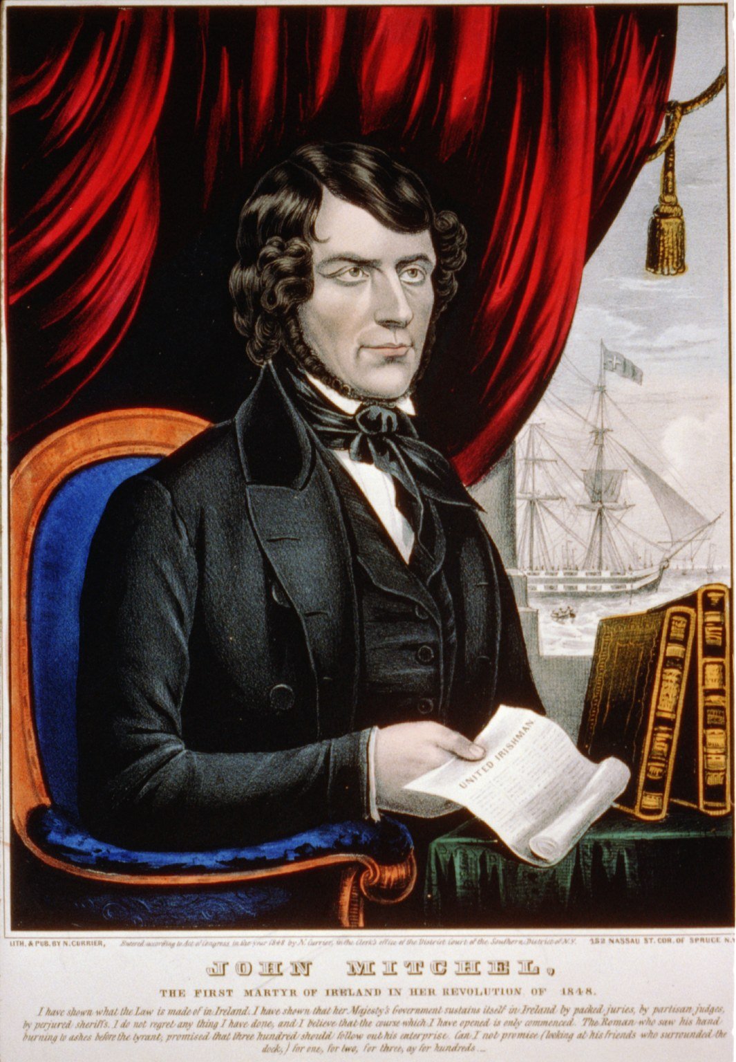 John Mitchel holding the United Irishman, with ship imagery in the background