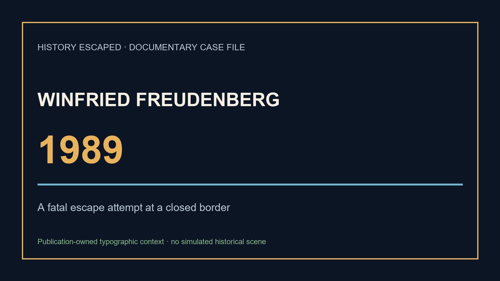 Text-led History Escaped graphic identifying Winfried Freudenberg’s 1989 balloon escape attempt.