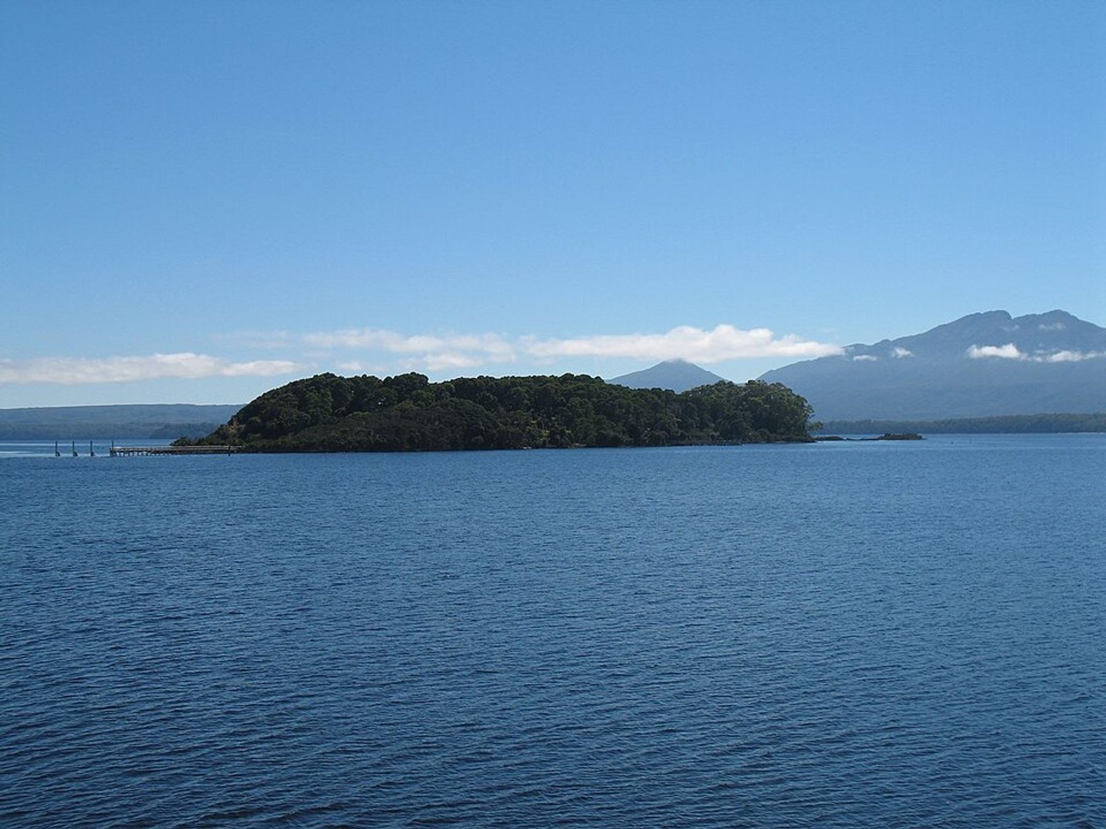 Sarah Island in Macquarie Harbour, Tasmania, photographed across the water in 2006.