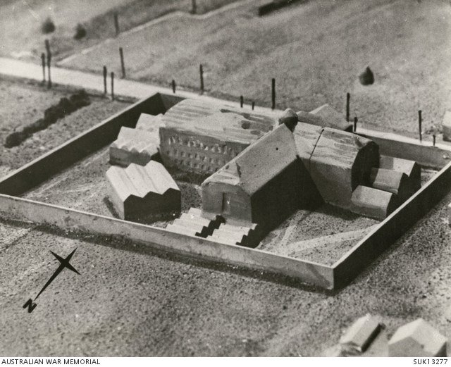 Black-and-white photograph of a scale model of Amiens prison used to brief Allied aircrews in 1944.