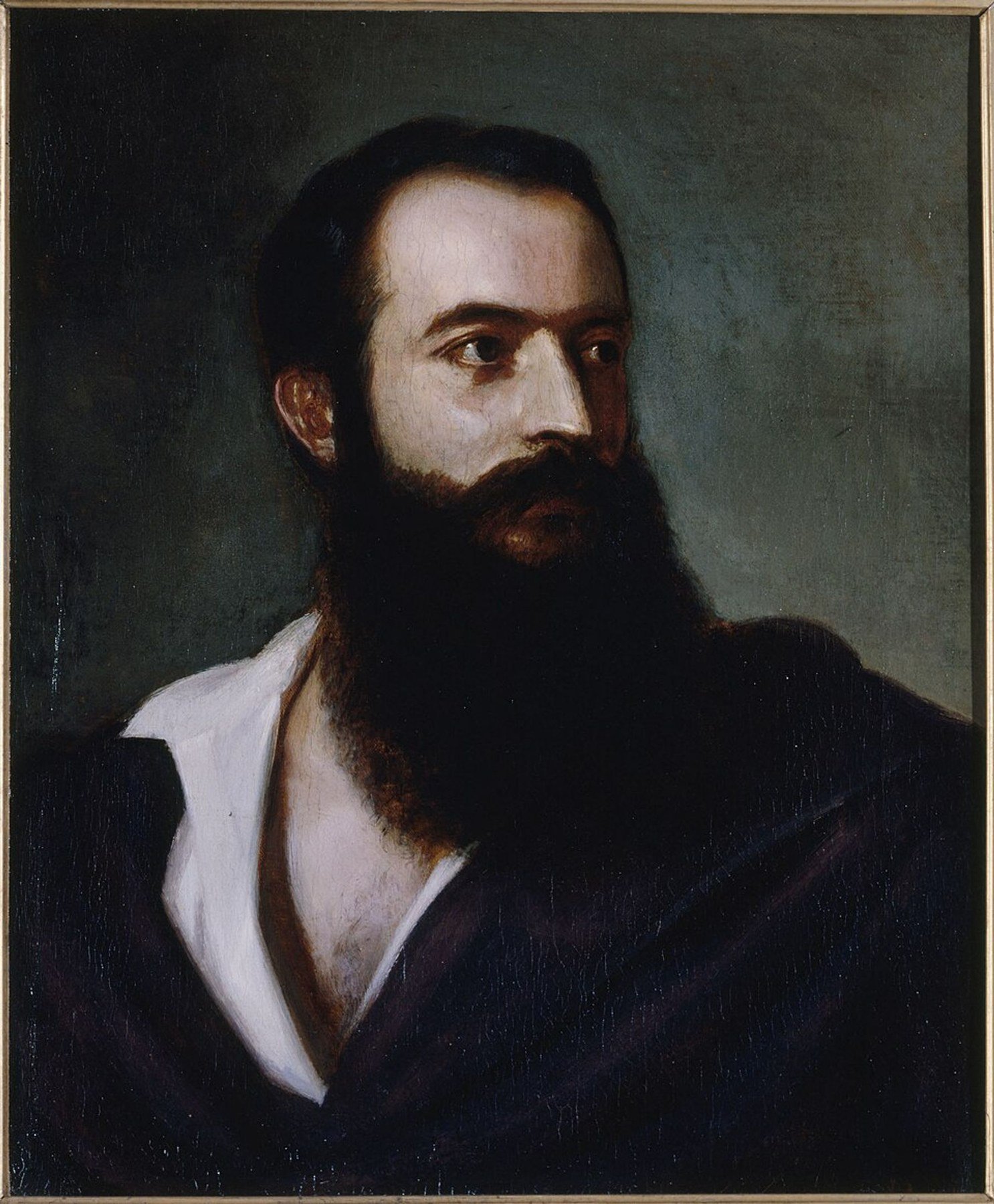 Painted portrait of Felice Orsini, with dark hair and a full beard, wearing dark clothing over a white shirt.