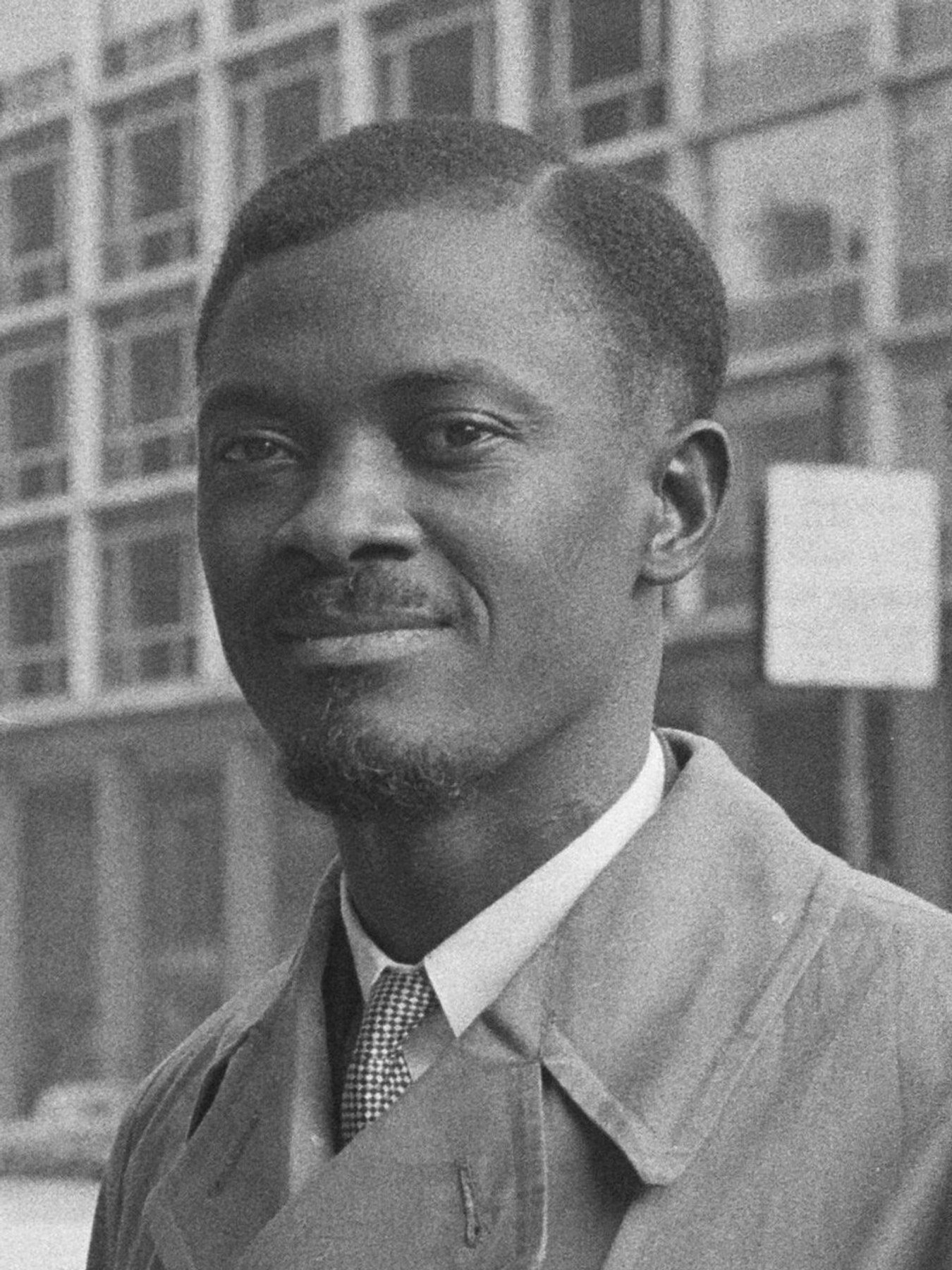 Black-and-white portrait of Patrice Lumumba in Brussels in January 1960.