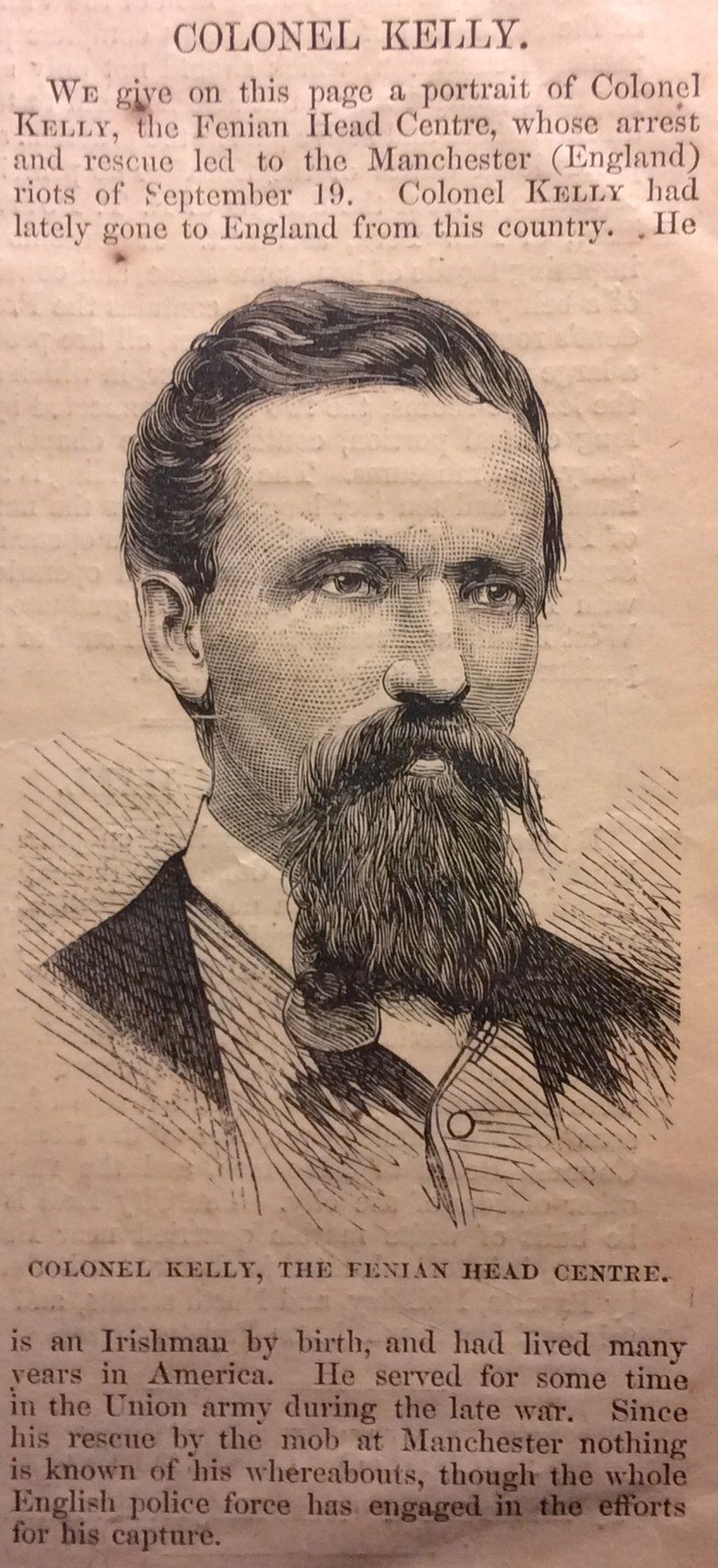 Engraved portrait of Thomas J. Kelly printed in Harper's Weekly in November 1867, above text describing his Manchester rescue.