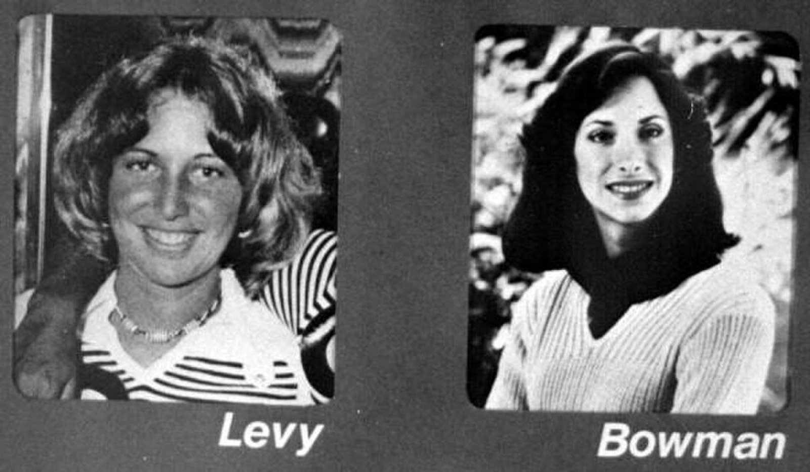 Side-by-side black-and-white photographs of Florida State University students Lisa Levy and Margaret Bowman.