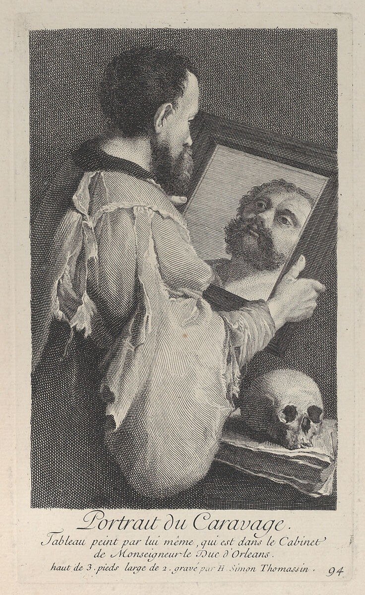 Early eighteenth-century etching showing Caravaggio turned toward a mirror containing his reflected face.