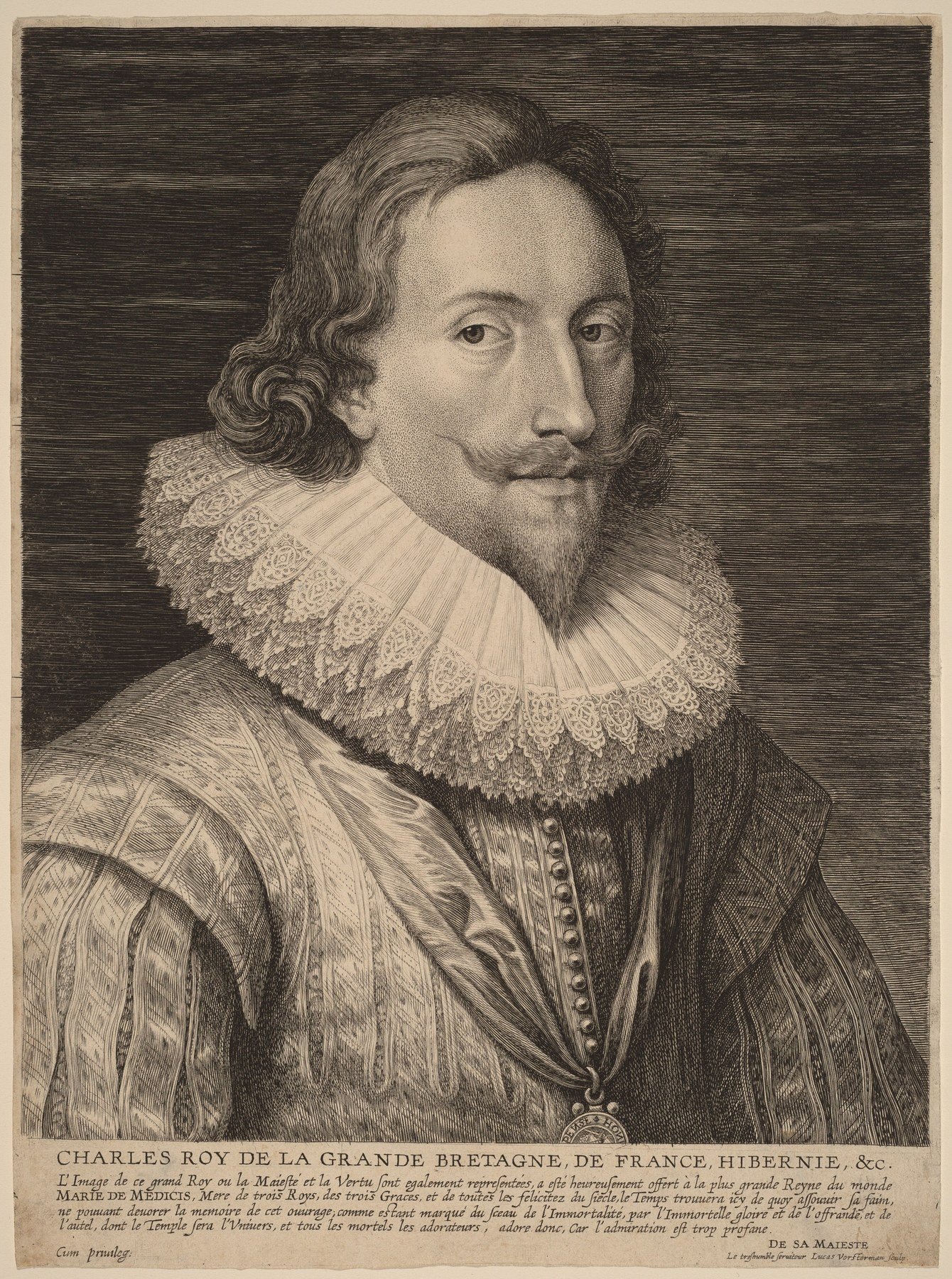 Engraved waist-up portrait of Charles I with curled hair, moustache and pointed beard, wearing an ornate doublet and large collar.