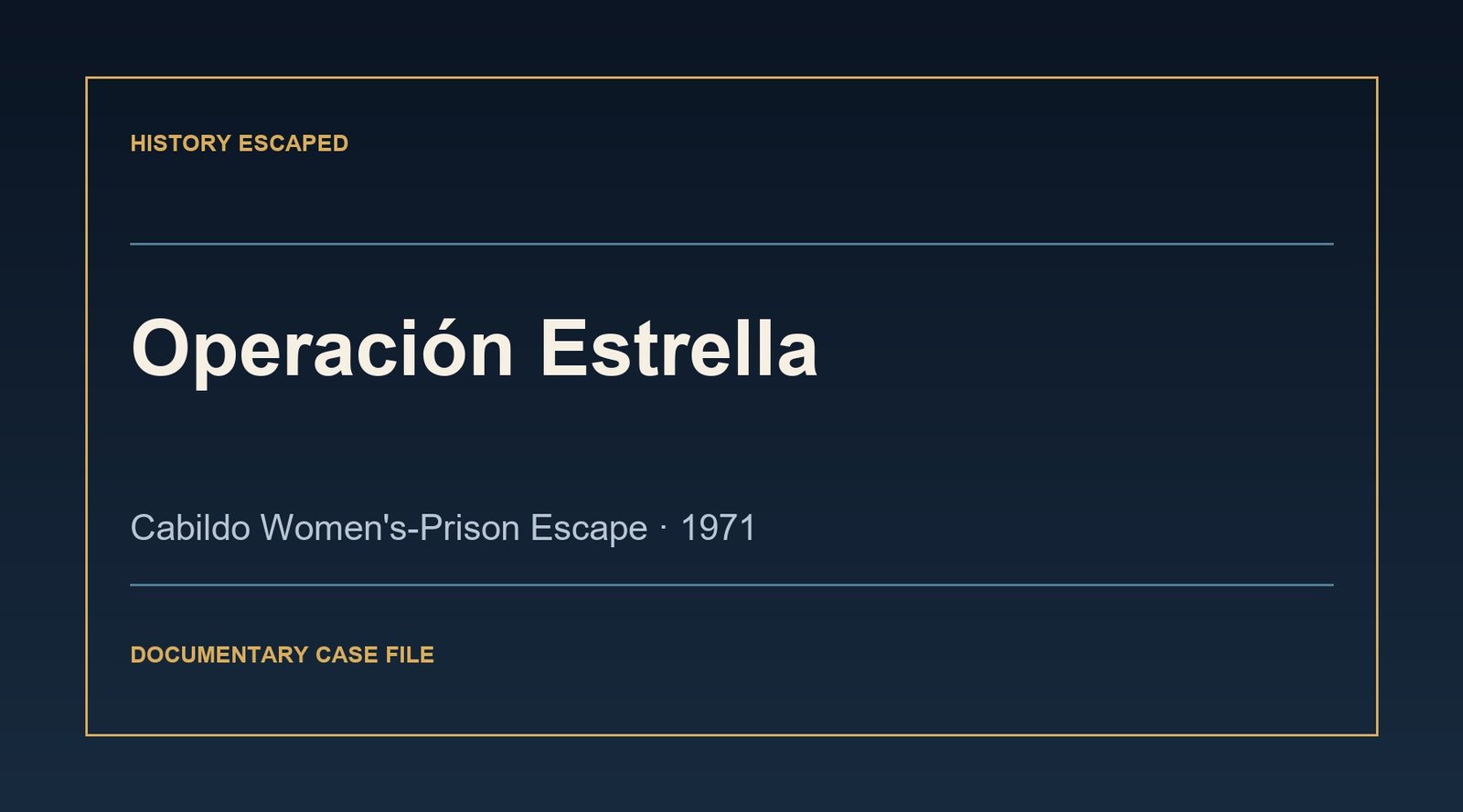 Typographic documentary cover for Operación Estrella, the 1971 Cabildo women's-prison escape.