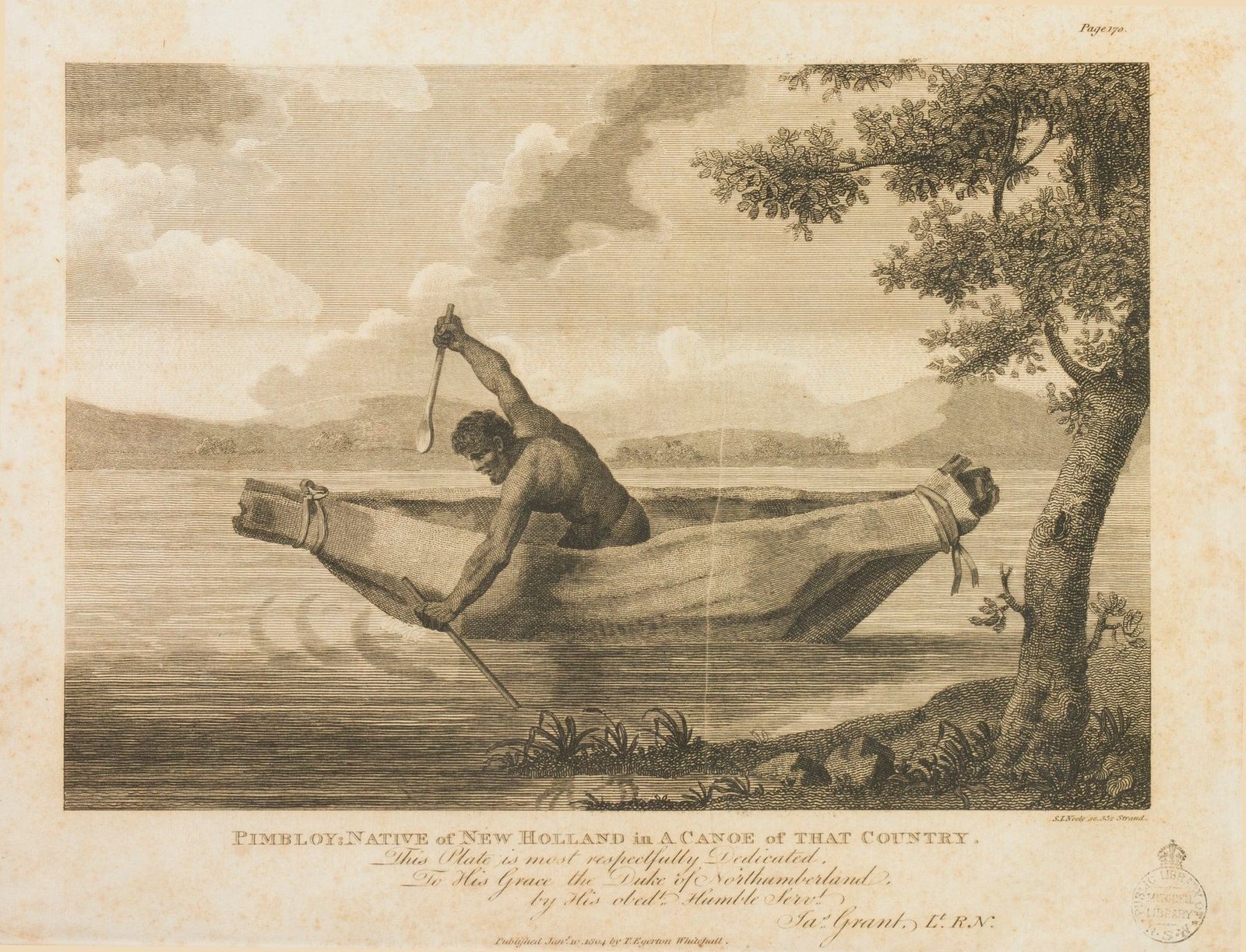Early nineteenth-century engraving believed to depict Pemulwuy seated in a bark canoe on the water.