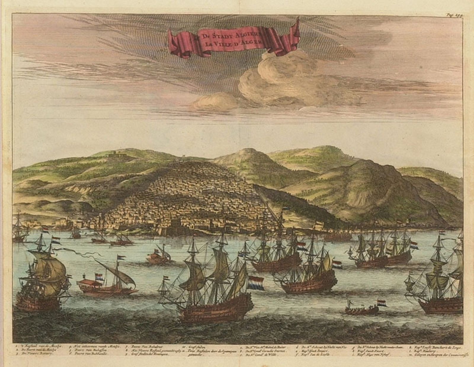 Seventeenth-century engraved view of the fortified city and harbor of Algiers seen from the sea.