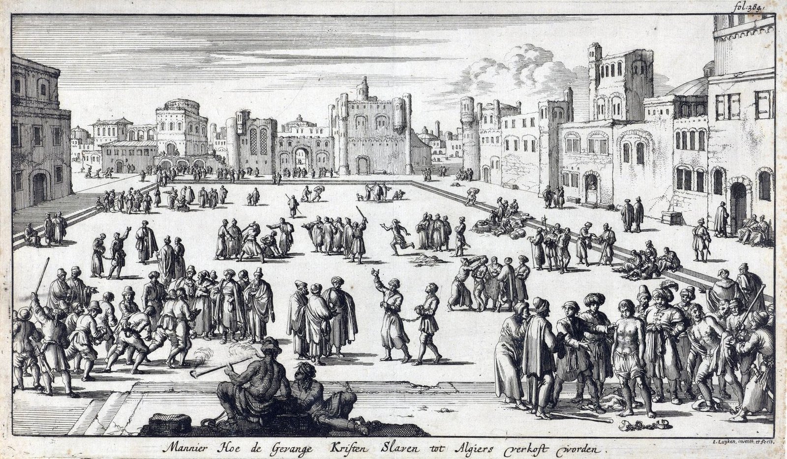 Jan Luyken’s 1684 print showing Christian captives being presented for sale in a square in Algiers.