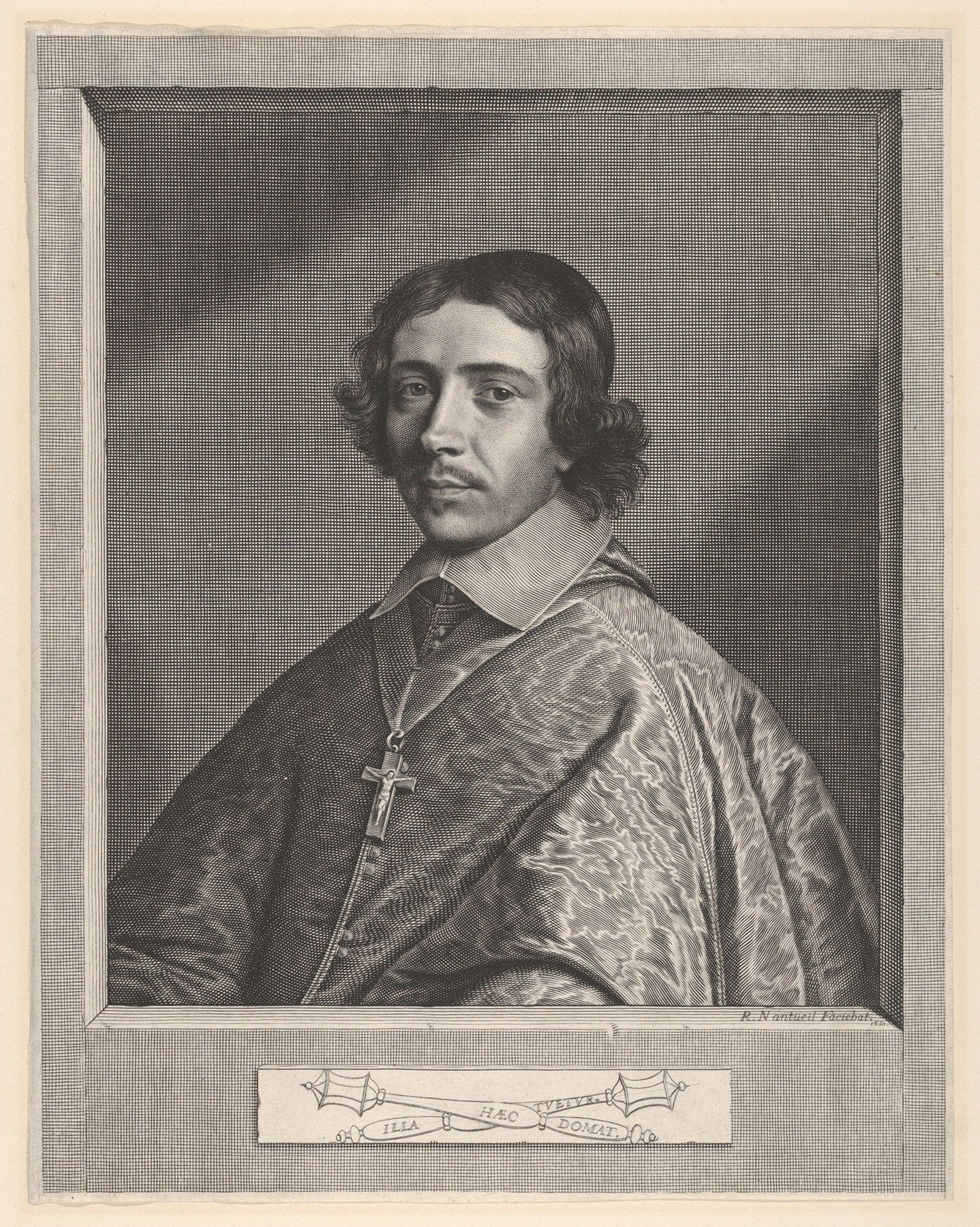 Robert Nanteuil’s 1650 engraved portrait of Cardinal de Retz, shown in clerical dress with a large cross at his chest.