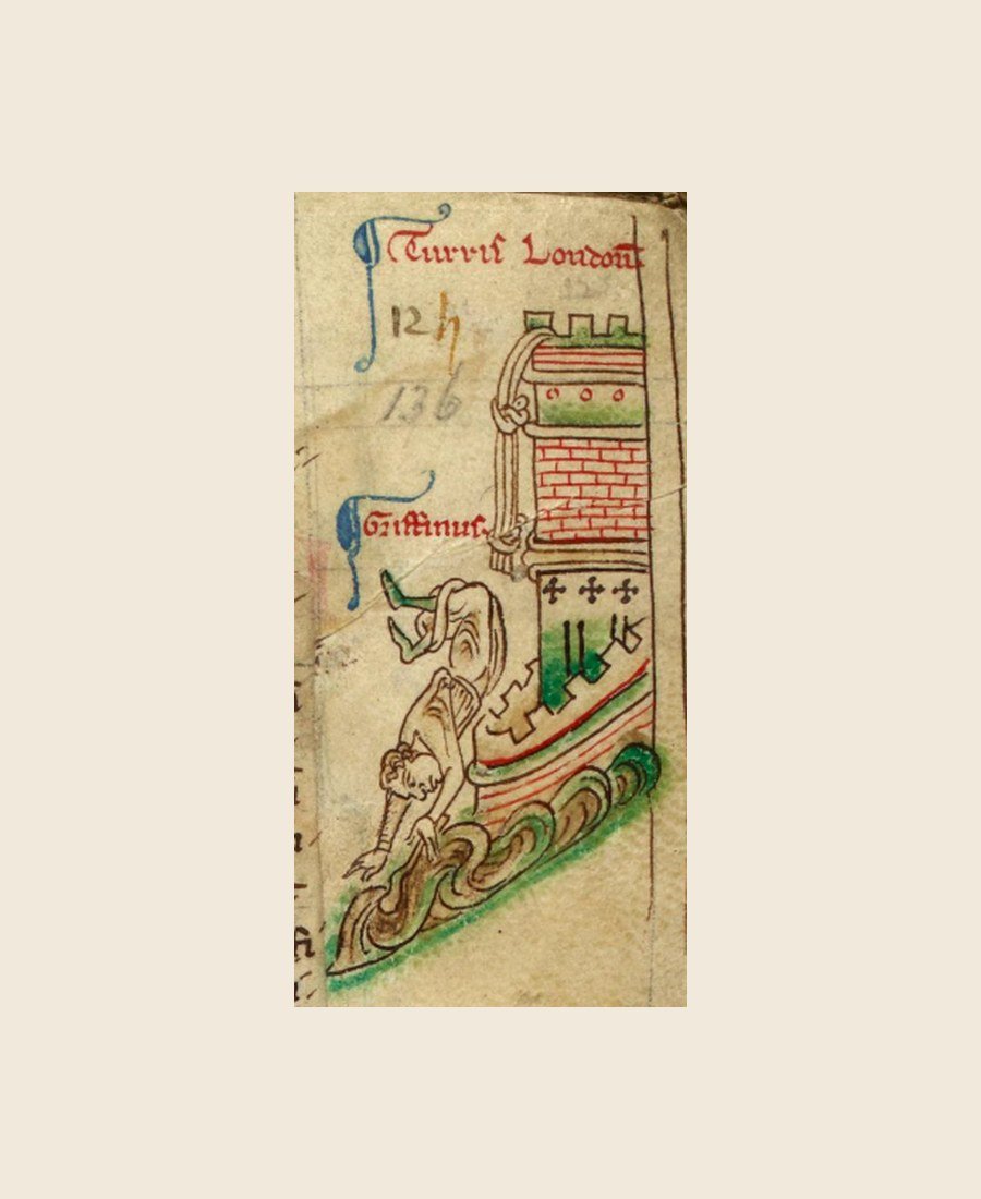 Medieval manuscript drawing of Gruffudd falling beside the Tower of London as a knotted line hangs from the tower.