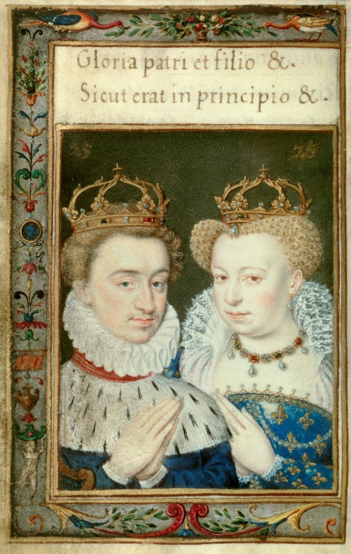 Sixteenth-century miniature showing Henry of Navarre and Margaret of Valois in court dress.