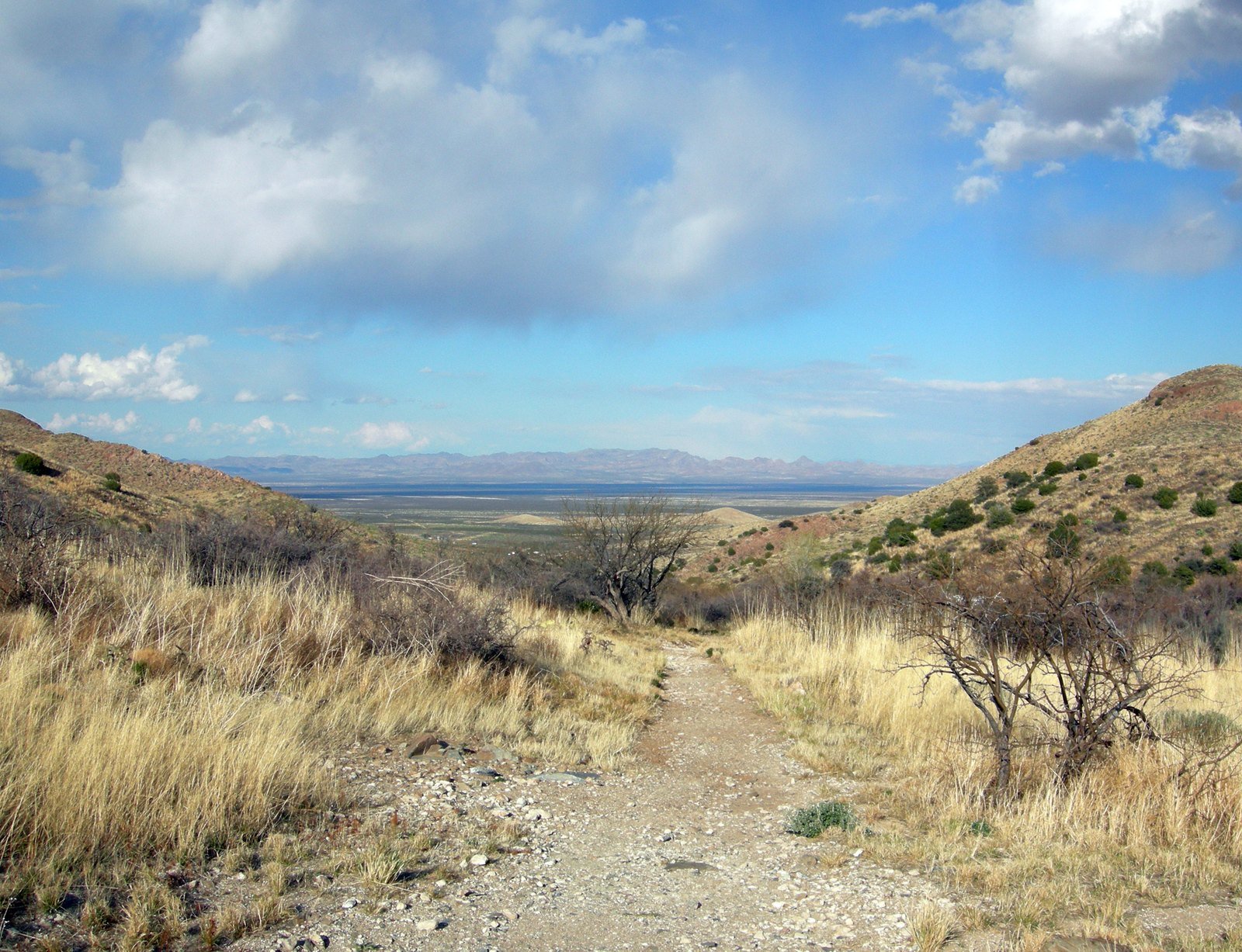 A wide view north through Apache Pass, with dry grass, low desert vegetation, and mountain ridges surrounding the pass.