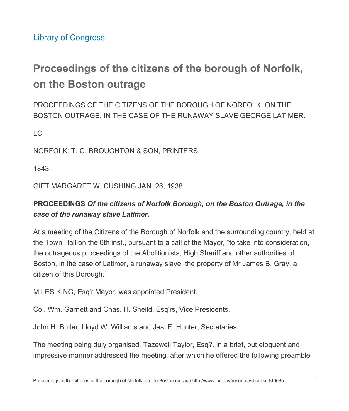 First page of the Library of Congress transcription of the 1843 Norfolk pamphlet defending the claim to George Latimer.