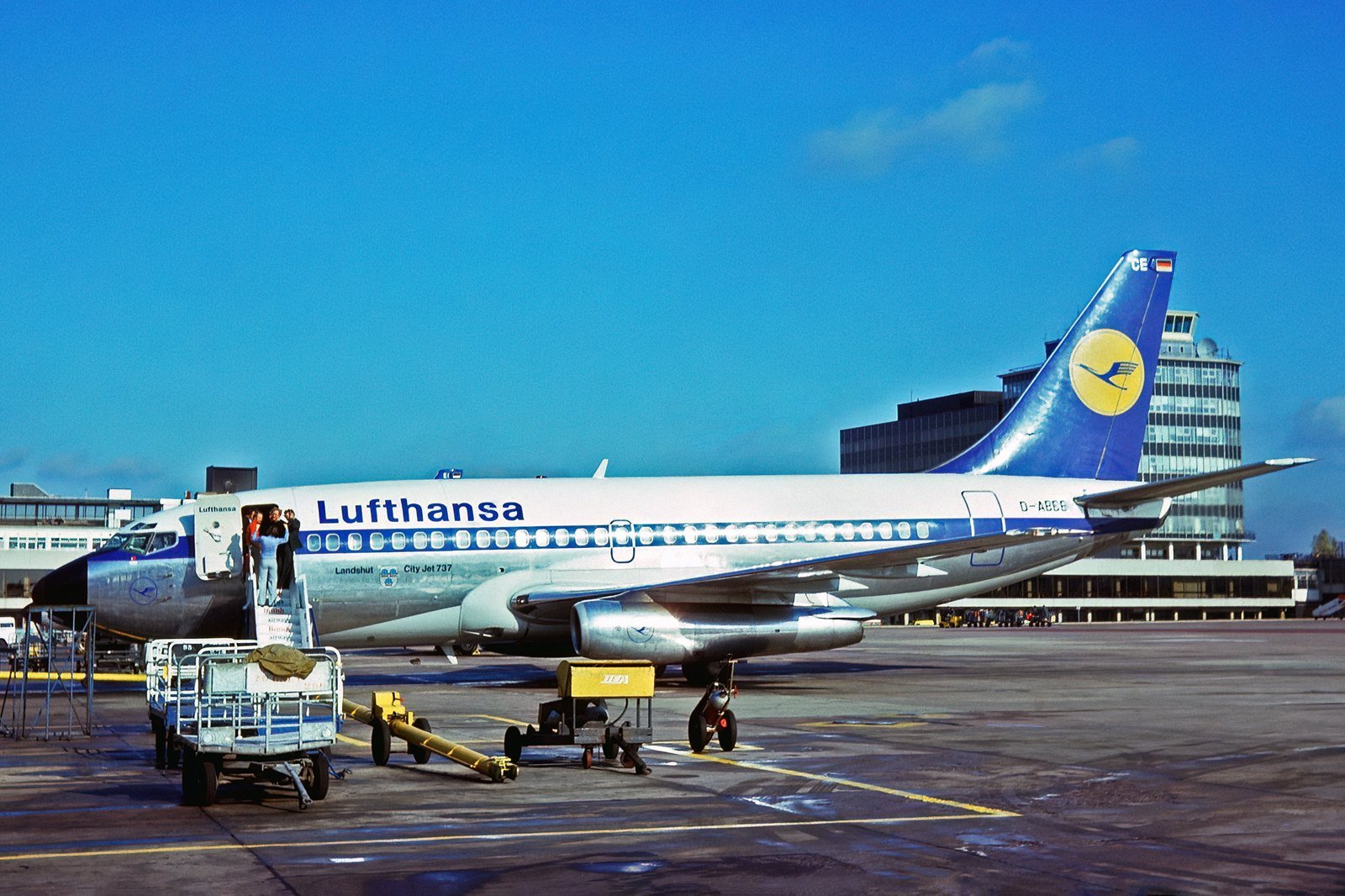 Lufthansa Boeing 737 D-ABCE, named Landshut, parked at Manchester Airport in October 1975.
