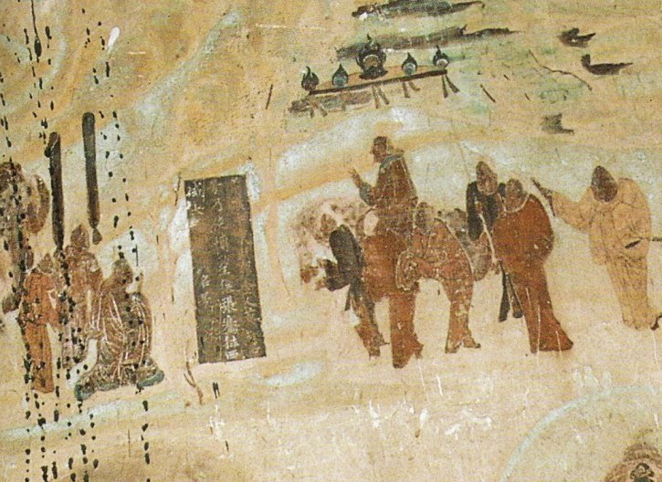 Tang-dynasty mural from Mogao Cave 323 showing a later artistic representation of Zhang Qian taking leave of Emperor Wu.