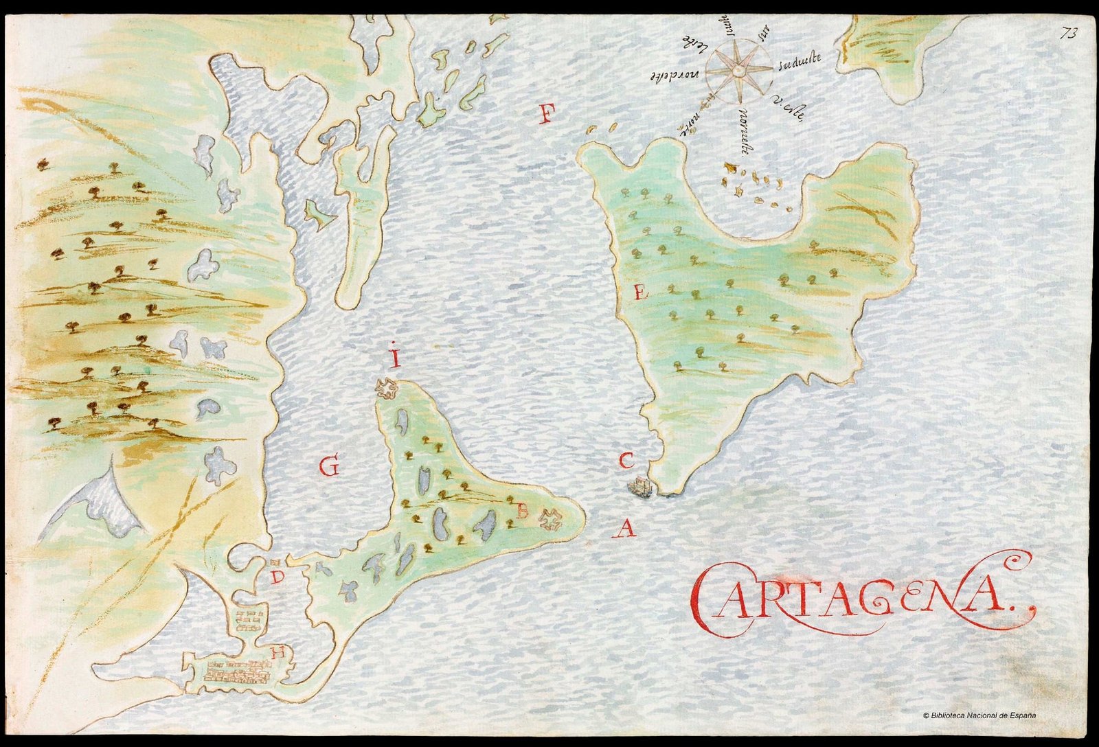 Seventeenth-century manuscript map showing Cartagena de Indias and its bay, drawn by Nicolás de Cardona in 1632.
