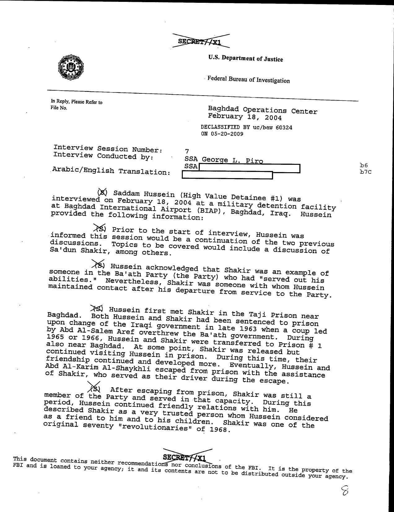 Declassified FBI interview memorandum from February 2004 recording Saddam Hussein’s account that he and Abd al-Karim al-Shaykhli escaped prison with Saʿdun Shakir serving as their driver.