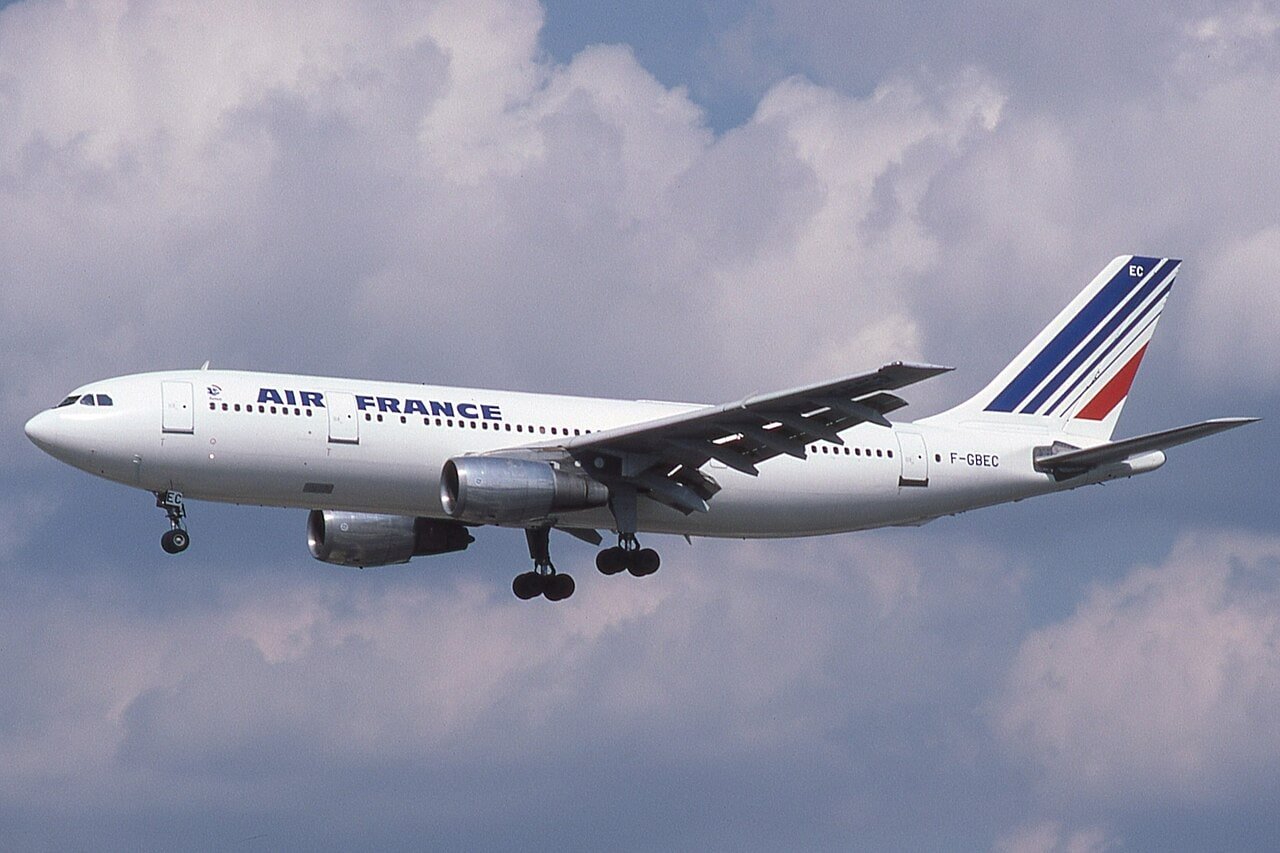 Air France Airbus A300 F-GBEC parked at Heathrow Airport in August 1986.