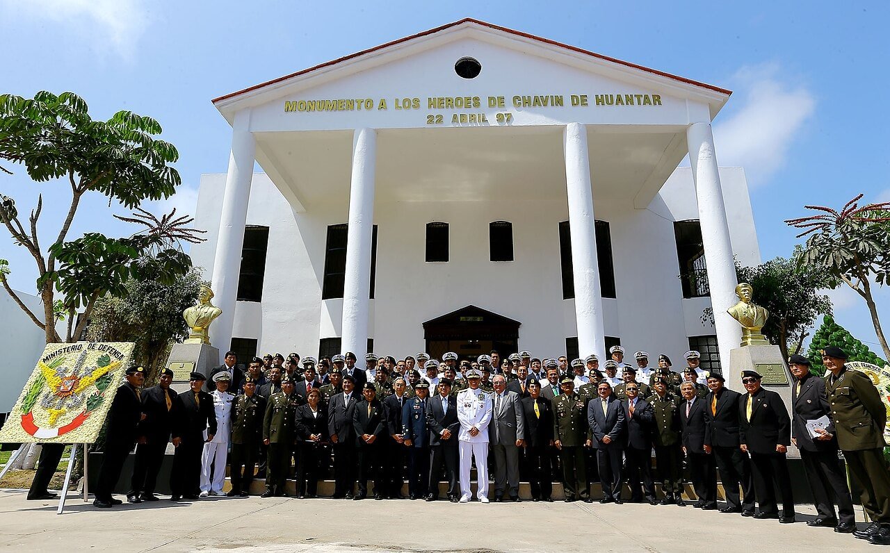 Military veterans and officials gathered in 2013 before the Chavín de Huántar replica and memorial complex in Lima.
