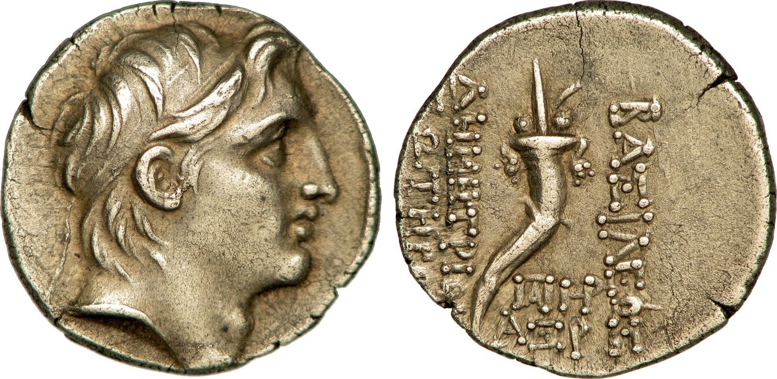 Silver Seleucid drachm showing the diademed profile of Demetrius I Soter, issued after his return from Rome and accession as king.