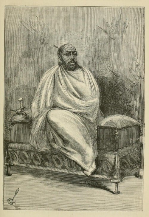 An 1877 engraving of Menelik seated as king of Shewa.