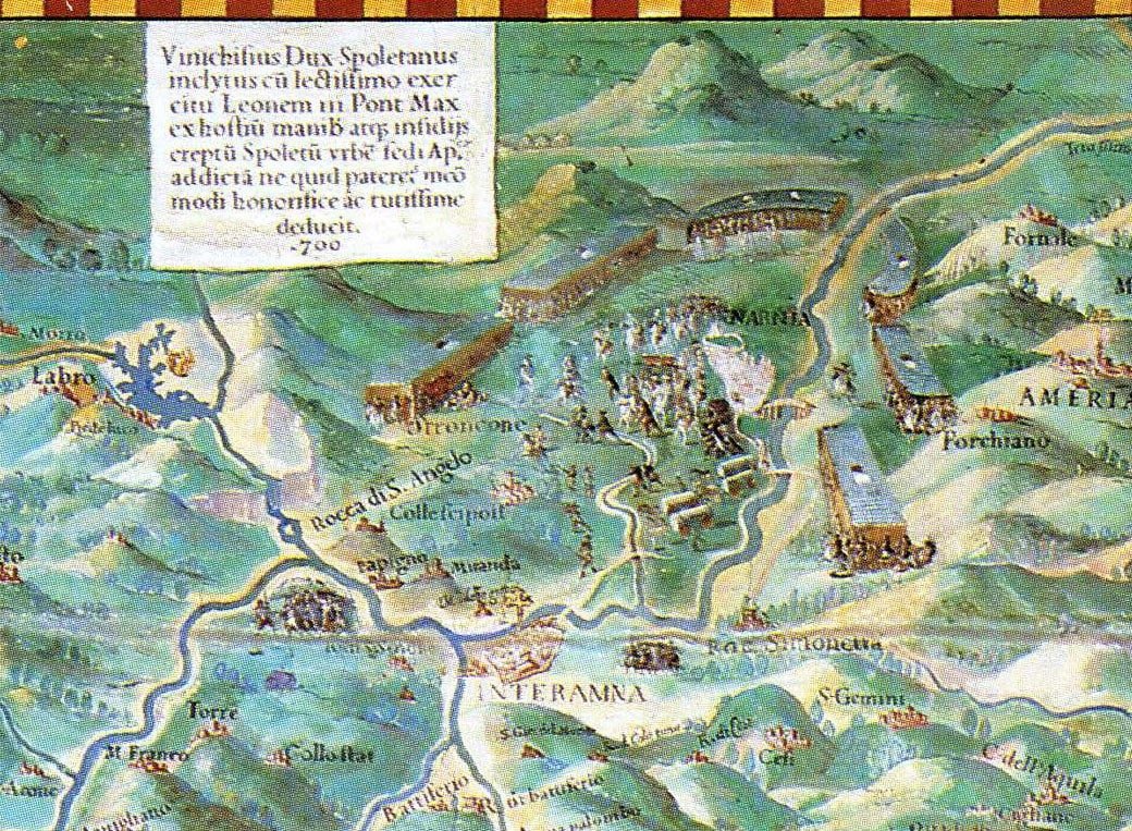 Sixteenth-century painted map detail depicting Duke Winigis of Spoleto coming to the aid of Pope Leo III.