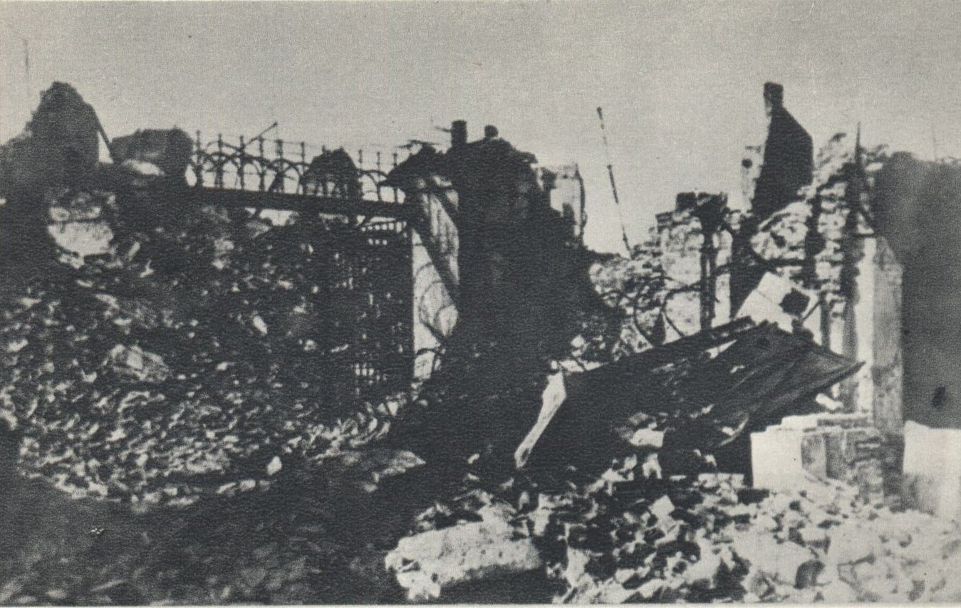 Rubble and surviving wall sections of Warsaw’s Pawiak Prison in 1945 after its destruction by German forces.