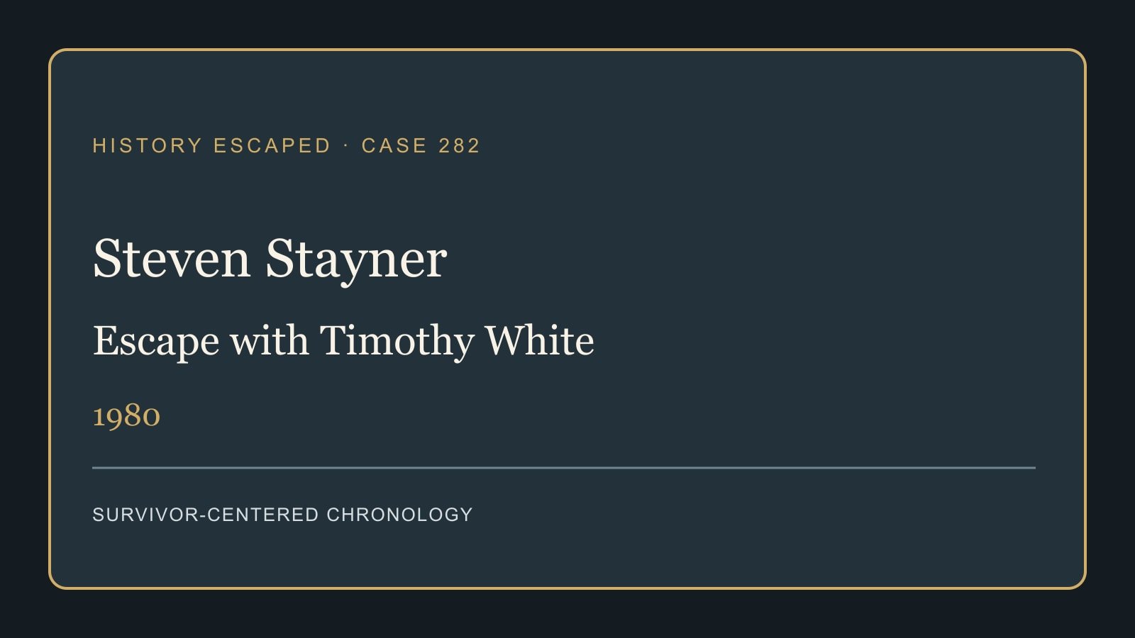 Typographic documentary cover for Steven Stayner's 1980 escape with Timothy White.
