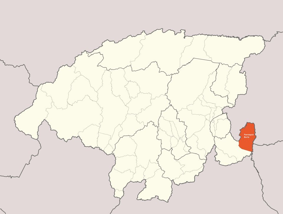 Locator map of Venezuela highlighting Buría parish inside Simón Planas Municipality in Lara State.