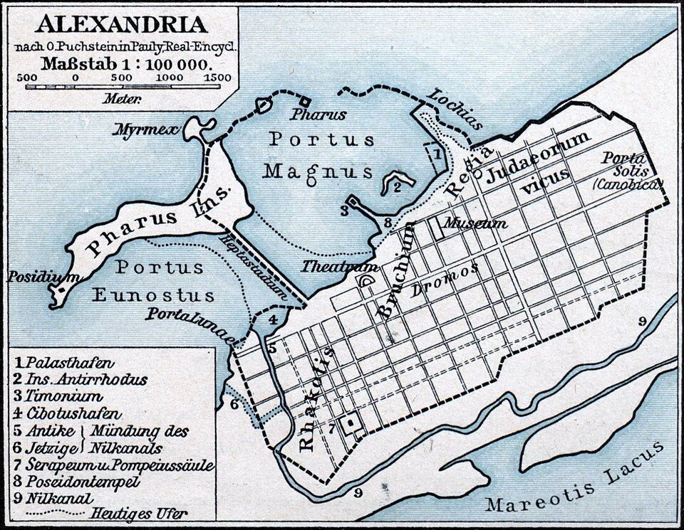 Historical map showing the harbors and street grid of ancient Alexandria.