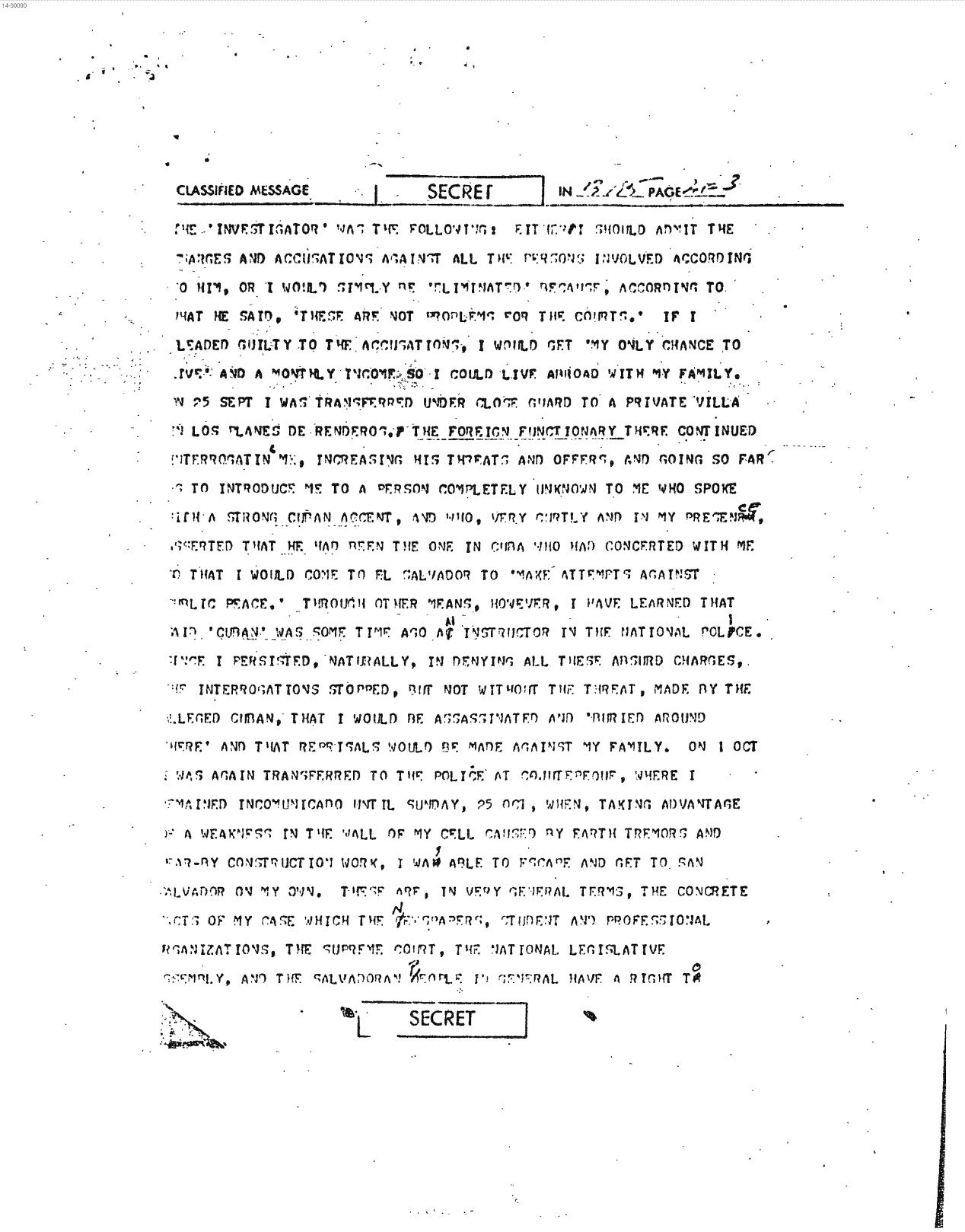 Declassified 30 October 1964 CIA cable translating Roque Dalton’s statement that he escaped Cojutepeque on 25 October through a weakened cell wall.