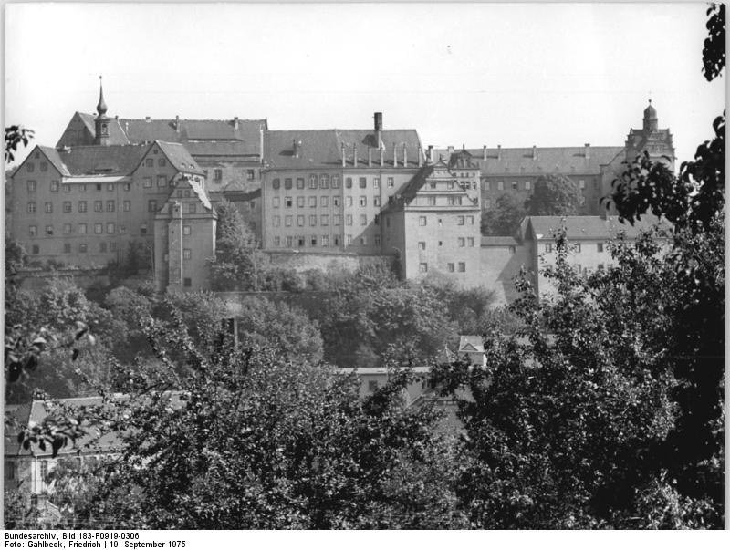 Colditz Castle photographed in 1975, viewed from outside the castle complex.