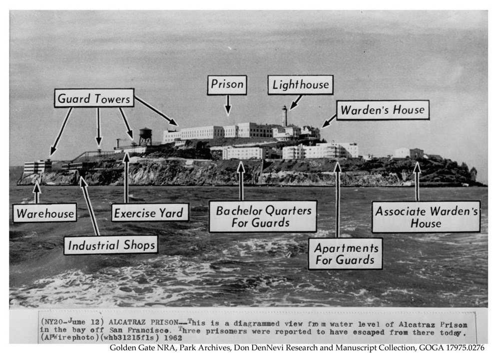 Alcatraz prison buildings photographed in June 1962 after the escape of Frank Morris and the Anglin brothers.