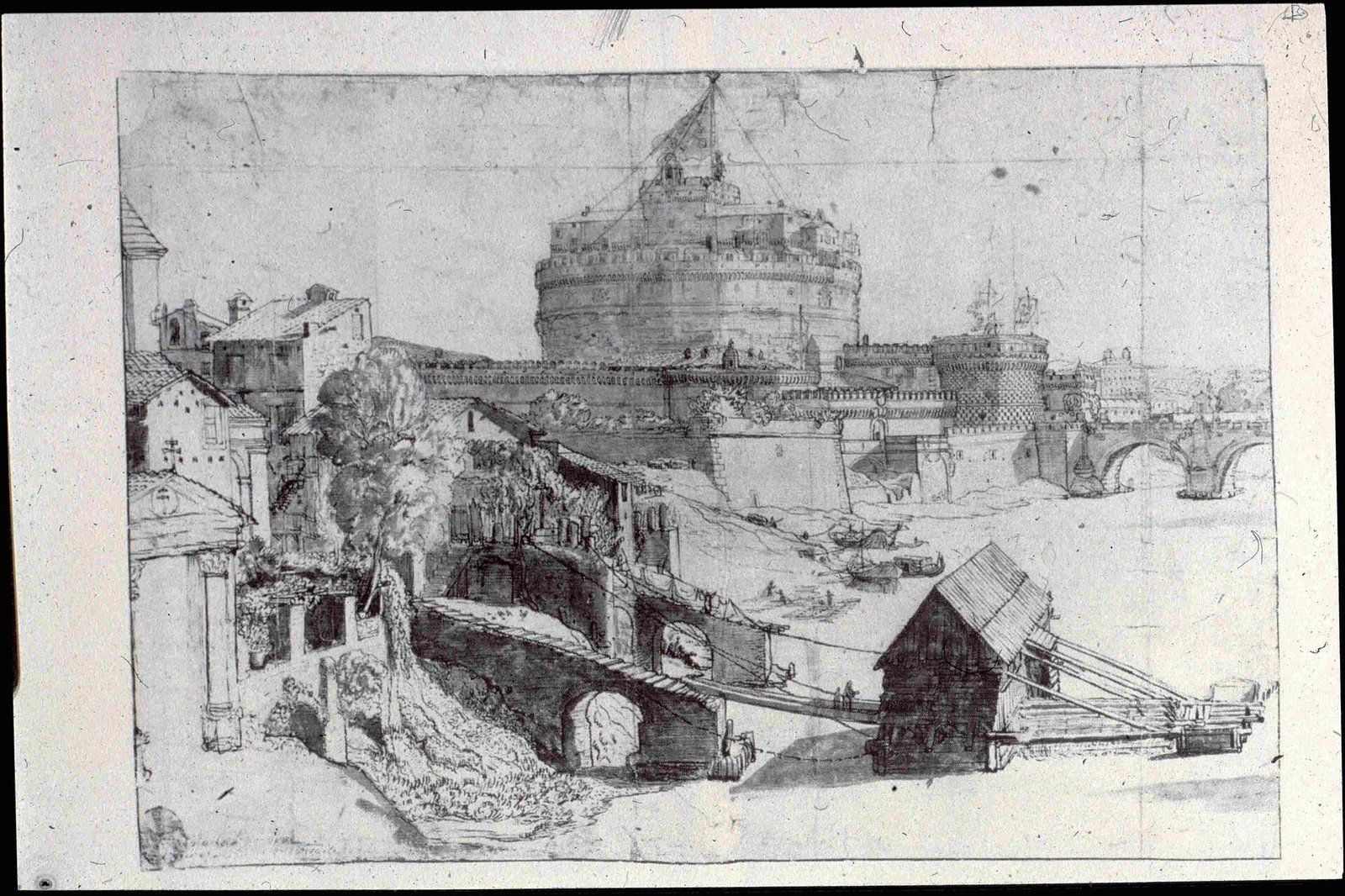 Historical drawing/postcard view of Castel Sant’Angelo