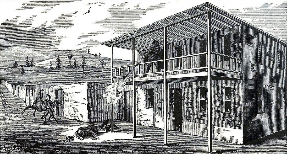 1882 illustration dramatizing Billy the Kid’s escape from the Lincoln courthouse.
