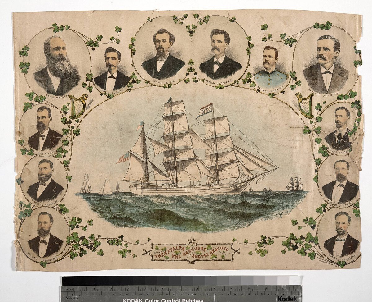 Nineteenth-century commemorative print showing the Catalpa, rescue organizers and rescued Fenian prisoners.
