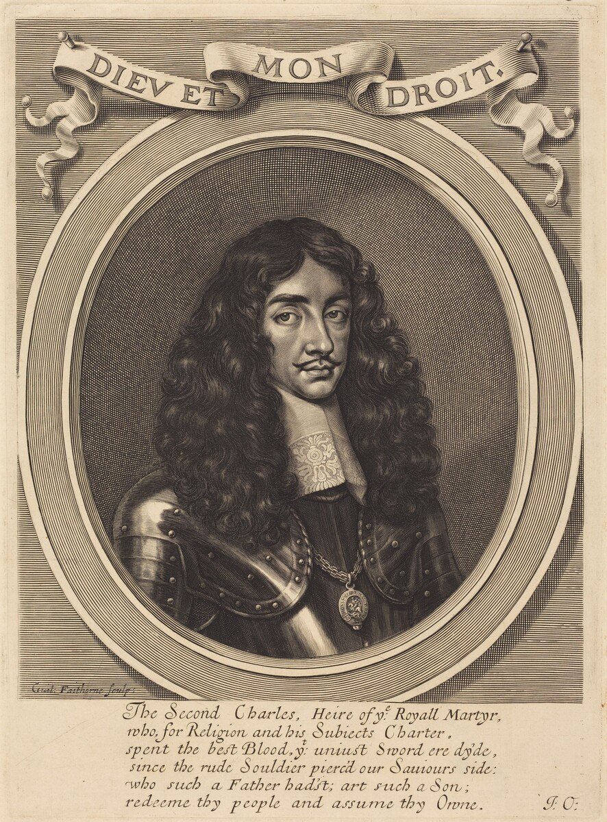 Engraved portrait of Charles II by William Faithorne from the 1650s.
