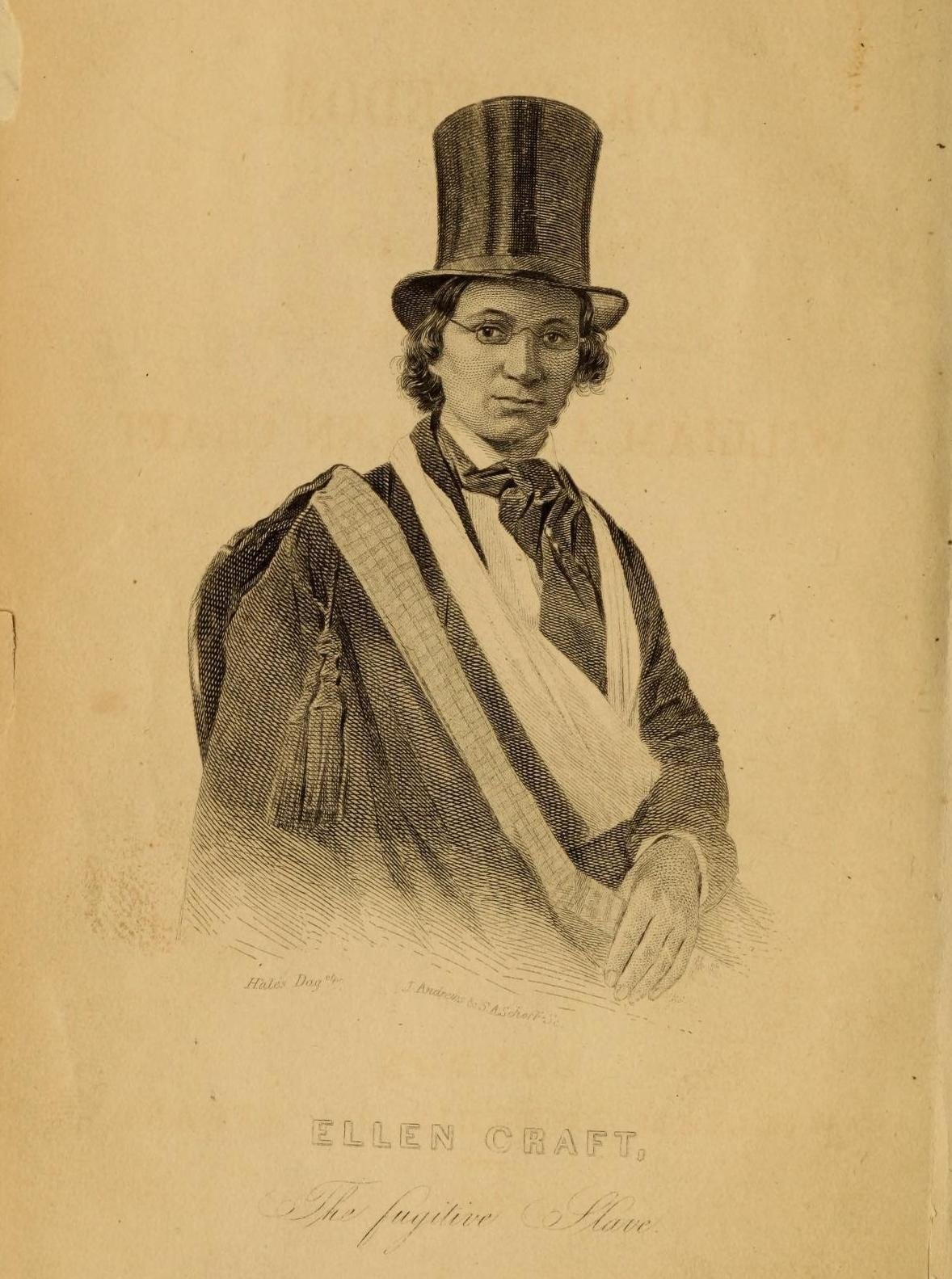 1860 engraving of Ellen Craft wearing the male disguise associated with her 1848 escape from slavery.